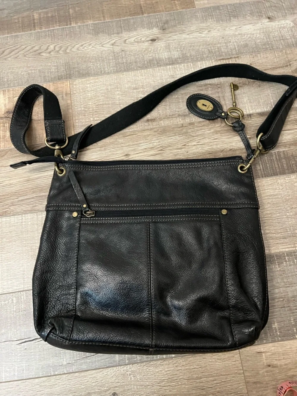 Fossil Black Leather Crossbody with Brass Hardware